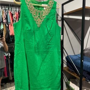 Green Sleeveless Dress with Gold Embroidery